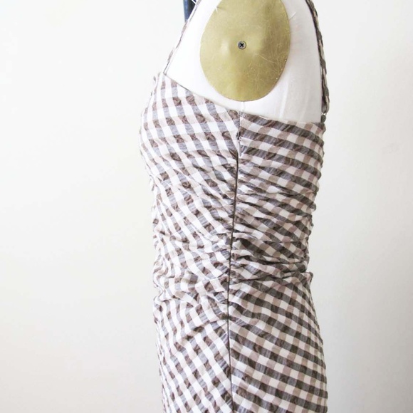 House of Harlow 1960 Dress Small Brown White Gingham Plaid Ruched Spaghetti - Picture 4 of 5